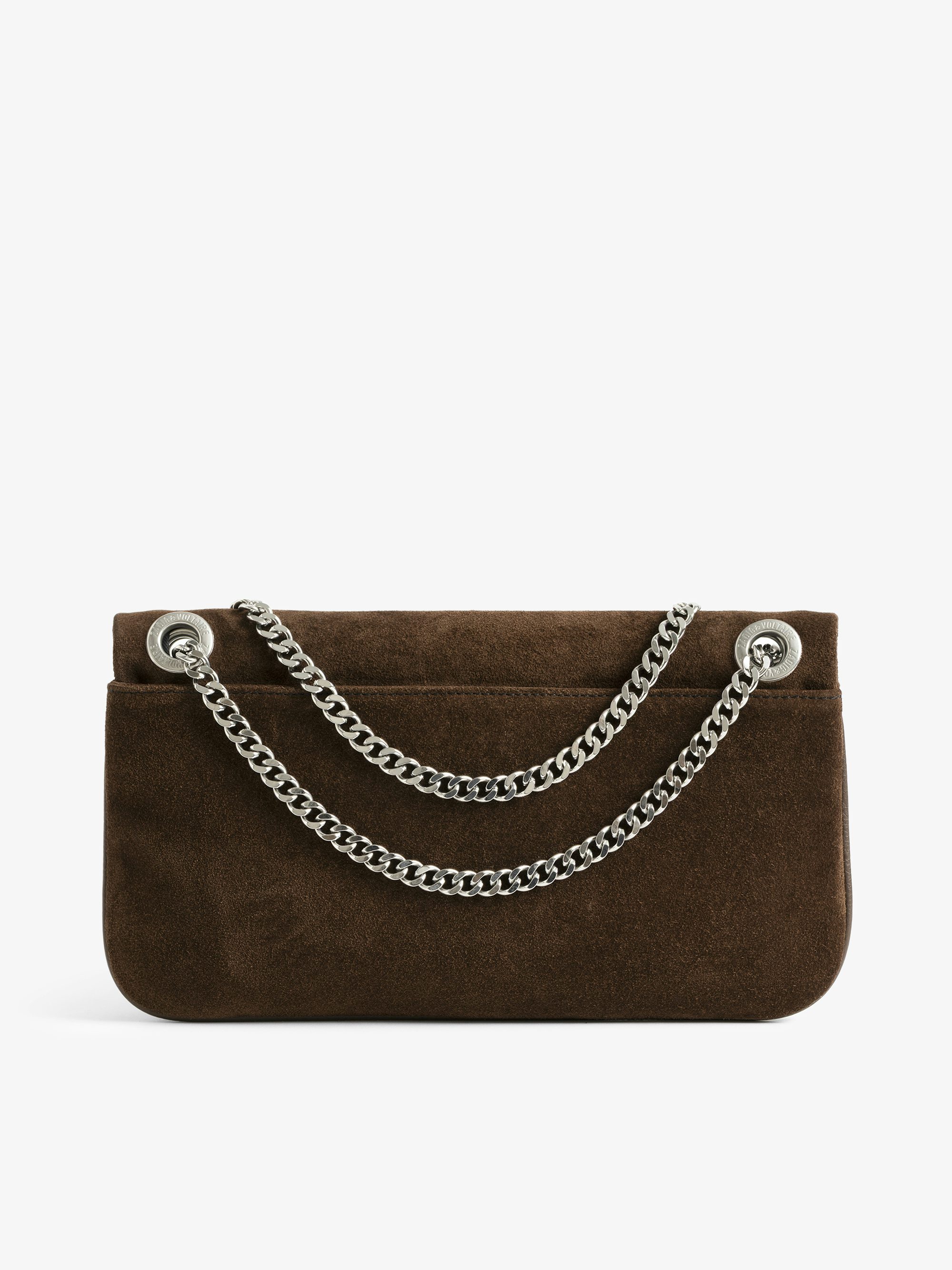Rock II Suede Clutch - Suede leather clutch with sliding metal chain and signature wings.